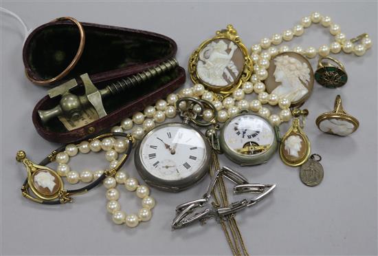 A 9ct gold bangle, two pocket watches and mixed costume jewellery etc.